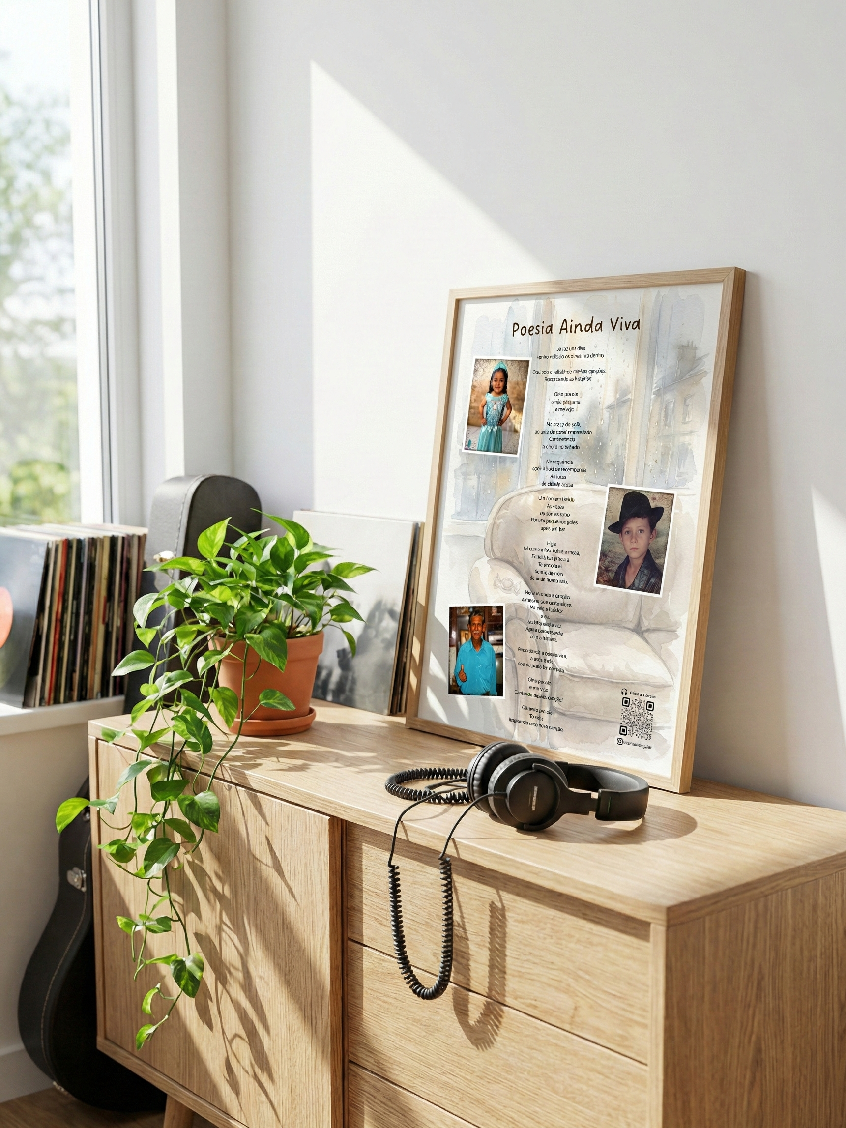 Quadro da canção Poesia Ainda Viva em ambiente com planta e fones de ouvido