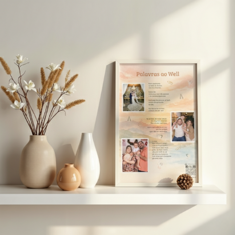 Quadro de canção personalizada do casal Karen e Well em ambiente com flores